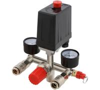 Kit Regolatore Pressostato per Compressore d'Aria, Valvola di Controllo a Pistone con Doppio Manometro, Valvola di Sicurezza e Raccordi Rapidi, Regolabile da 0.05 a 1.2MPa, Accensione/Spegnimento