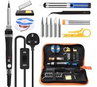 Kit saldatore 14 in 1, strumenti di saldatura da 60 W con temperatura regolabile da 200 a 450 °C e interruttore on/off, pompa dissaldante, filo di saldatura, tagliafili, supporto, custodia per