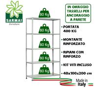 KIT SCAFFALE METALLO 5 RIPIANI 100x40x200 GRIGIO 400 Kg MODELLO RINFORZATO