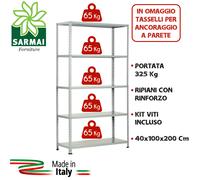 KIT SCAFFALE SCAFFALATURA METALLO 5 RIPIANI CON RINFORZO 100x40x200 ASTE INTERE