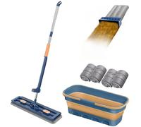 Kit scopa mocio e secchio, grande mocio piatto con tamponi in fibra super assorbenti e uso umido e asciutto, compressione automatica dell'acqua (Set, blu)