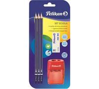 Pelikan Set Scuola, 3 Matite Grafite HB, 1 Gomma AS30, 1 Temperino Doppio Foro (Rosa o Blu), Senza Ftalati e Lattice