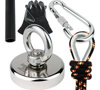 Kit SENSEI 110 kg, Magnete al Neodimio N52 con Occhiello, Ø5 x H1,5 cm, Corda da Pesca 25 m, Guanti Protettivi + Accessori, Kit di Magneti per la Ricerca e la Pesca