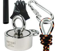 Kit SENSEI 150 kg, Magnete a Doppia Faccia al Neodimio N52 con Due Occhielli, Ø6 x H2,7 cm, Corda da Pesca 25 m, Guanti Protettivi + Accessori, Kit di Magneti per la Ricerca e la Pesca