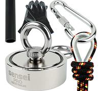 Kit SENSEI 250 kg, Magnete a Doppia Faccia al Neodimio N52 con Due Occhielli, Ø7,5 x H2,5 cm, Corda da Pesca 25 m, Guanti Protettivi + Accessori, Kit di Magneti per la Ricerca e la Pesca