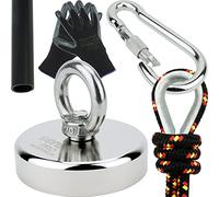 Kit SENSEI 250 kg, Magnete al Neodimio N52 con Occhiello, Ø7,5 x H1,8 cm, Corda da Pesca 25 m, Guanti Protettivi + Accessori, Kit di Magneti per la Ricerca e la Pesca
