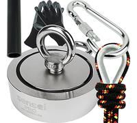 Kit SENSEI 350 kg, Magnete a Doppia Faccia al Neodimio N52 con Due Occhielli, Ø9,4 x H2,8 cm, Corda da Pesca 25 m, Guanti Protettivi + Accessori, Kit di Magneti per la Ricerca e la Pesca