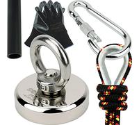 Kit SENSEI 80 kg, Magnete al Neodimio N52 con Occhiello, Ø4,8 x H1,2 cm, Corda da Pesca 25 m, Guanti Protettivi + Accessori, Kit di Magneti per la Ricerca e la Pesca