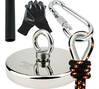 Kit SENSEI 800 kg, Magnete al Neodimio N52 con Occhiello, Ø13,6 x H2 cm, Corda da Pesca 25 m, Guanti Protettivi + Accessori, Kit di Magneti per la Ricerca e la Pesca