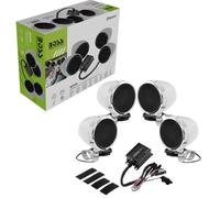 KIT SET PER BOSS AUDIO SYSTEMS MC470B, con amplificatore full-range e 4 diffusori cromati da 7,6 cm 76 mm 3", per moto, motocicletta, weatherproof, 1 kit