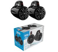KIT SET PER BOSS AUDIO SYSTEMS MRWT40 2 diffusori neri a 2 vie marini waketower, utv roll bar speakers, da 10 cm 100 mm 4", 200 watt rms 400 watt max, 4 ohm, impermeabili, per imbarcazioni, a coppia