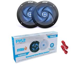 KIT SET PER PYLE PLMRS53BL 2 altoparlanti diffusori neri con luci led a 2 vie, diametro 5,25" 162 mm, 90 watt rms 180 watt max, waterproof, barca, a coppia + cavi di montaggio