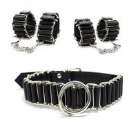 KIT set sadomaso collare guinzaglio polsini e cavigliere multi pieghe nero
