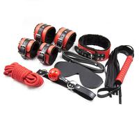 KIT SET sadomaso nero e rosso gag SEX POLSINI COLLARE CAVIGLIERE FRUSTINO MORSO