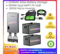 Kit Sistema di Accumulo Solare per Balcone da 2048Wh con HUB Fotovoltaico Dual MPPT da 1600W e Micro Inverter da 800W, Impianto Fotovoltaico da Balcone Plug & Play per Accumulo Energetico