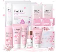 Kit Skincare Viso Completo, Sakura Skincare Kit 11 Pezzi, Set skincare Viso Completo mit Tonico, Detergente, Siero Occhi, Siero, Crema, Maschera Notturna, Maschera Argilla