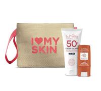 Kit solare con protezione 50+ viso antietà (50ml) e stick viso e zone circoscritte ideali per cicatrici, nevi, tatuaggi, senza profumo e conservanti in un apratica pochette in paper