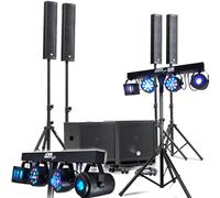 KIT Sono Completo 2400W DJ BM Bmsonic, 4 Altoparlanti satellitari, 2 Mega SUB 38cm USB/Bluetooth, Cavi, Micros, 2 PORTICI LUCI