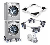 Kit Sovrapposizione Lavatrice Asciugatrice 2 in 1, Telaio Universale Regolabile 46-72 cm + Base Ruote 43-60 cm, Anti-Vibrazione Antiscivolo, 8 Piedi 4 Ruote Doppio Freno, Cinghia Cricchetto 6 m