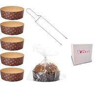 Kit Stampo Panettone Basso 5 Pz da 1 Kg + Spillone Panettone + Sacchetti Alimentari 5pz Pirottini Panettone di Carta Ondulata in Pura Cellulosa Resistente al Calore 220°C