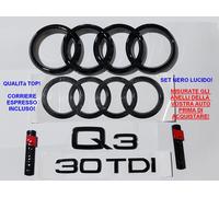 Kit Stemma Loghi Anelli per Audi Q3 F3 Ant. Post. + 30 TDI + 2 SLINE Nero 2018+