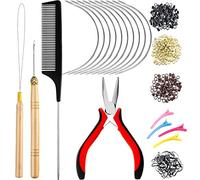Kit Strumenti Estensione Capelli, 600 Micro Anelli Rivestiti Silicone, Pinze Micro Anelli, 2 Anelli Tirare Ago, 10 Aghi Capelli Curvi, 4 Fermagli Capelli Coccodrillo, Pettine e 100 Mini Elastici Neri