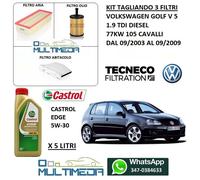 KIT TAGLIANDO 3 FILTRI E OLIO CASTROL EDGE 5W30 VOLKSWAGEN GOLF V 1.9 TDI 105 CV