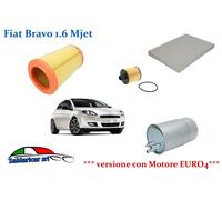 KIT TAGLIANDO FILTRI ARIA OLIO GASOLIO PER FIAT BRAVO 198 1.6 M-JET E4 88KW 2008