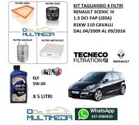 KIT TAGLIANDO FILTRI OLIO ORIGINALE 5W30 RENAULT SCENIC III 1.5 DCI 110 CV 81KW