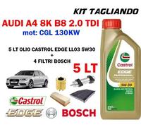 KIT TAGLIANDO OLIO CASTROL EDGE 5W30 5LT+4 FILTRI BOSCH AUDI A4 2.0TDI 8K B8 CGL