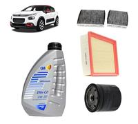 Kit tagliando OP per Citroen C3 III 1.2 Puretech benzina 2016+ con 3 filtri (olio 95495621, aria 8V219601AA, abitacolo 647993) e 4L olio Q8 Elite 0W-30