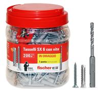 Kit Tasselli SX 6 con Vite confezione 200 Pezzi + 1 Punta SDS Plus II diametro 6 mm - Fischer