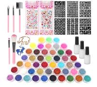 Kit Tatuaggi Glitterati, adatto a bambini e bambine dai 4 ai 12 anni, Kit per Tatuaggi flash temporanei con 48 colori, 192 modelli, 5 pennelli, 3 flaconi di colla, 2 fogli di adesivi glitterati