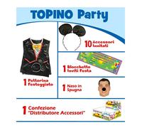 Kit Theme Party Topino "1 Pettorina Festeggiato 10 pz Accessori Invitati"