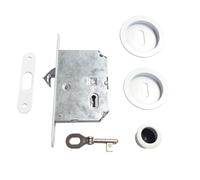 Kit Tondo con Serratura e Chiave per Porte Scorrevoli - Zama, Foro Ø48mm, Maniglia con Serratura, 2 Vaschette + Ditale di Trascinamento - Design Moderno, Sicuro e Facile da Installare (Bianco)