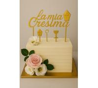 Kit Topper Torta Cresima Oro - 4 Pezzi in Plex Specchiato - Scritta “La mia Cresima” + Pastorale, Colomba, Mitra - Decorazioni Eleganti.