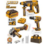 Kit Trapano Avvitatore + Smerigliatrice + Demolitore + 2 Batteria 20V 4.0AH