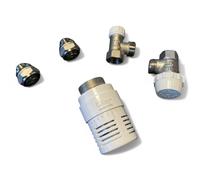 Kit valvole termostatiche ad angolo attacco F con comando termostatico ad olio e detentore per tubo in ferro