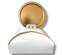 Kit Vassoio Tondo Dorato + Scatola Porta Torta Bianca | Ø 30/36 / 42 cm | Cartone Rigido con Bordo Ondulato | idea party Monouso per Torte, Dolci, Pasticceria (42cm)