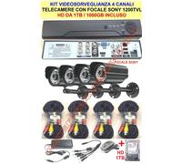 KIT VIDEOSORVEGLIANZA 4 TELECAMERA FOCALE SONY+DVR+ALIMENTATORE+CAVETTERIA+HD1TB
