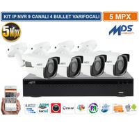 KIT VIDEOSORVEGLIANZA IP NVR 9 CH 4 BULLET VARIFOCALI 5.0 MPX P2P CLOUD H.265