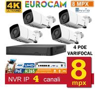 KIT VIDEOSORVEGLIANZA NVR 4 CANALI 8MPX POE + 4 TELECAMERE IP POE VARIFOCAL 2025