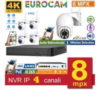 Kit Videosorveglianza NVR 4 CANALI POE 8MPX + 4 TELECAMERE HD IP WIFI