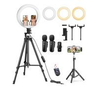 Kit vlogging per iPhone/Android, anello luminoso per selfie da 10 '' con treppiede allungabile da 147 cm, treppiede da tavolo, microfoni wireless, telecomando
