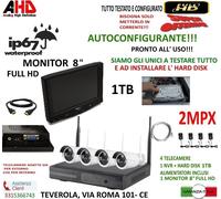 KIT WIRELESS VIDEOSORVEGLIANZA AHD 2MP DVR FULL HD 4 TELECAMERE 1TB + MONITOR 8"