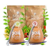 Kit Yerba Maté - Soul Mate Orgánica Energia & Menta Limón 2x500g | 2x Calabash in ceramica | 2x Bombilla in acciaio inox | Accessori inclusi (sottobicchieri e spazzole per la pulizia)