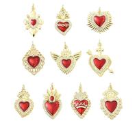KitBeads 10 ciondoli a forma di cuore sacro, placcati in oro, con zirconia cubica rossa, a forma di corona, ali e cuore, per la creazione di gioielli, collane, bracciali e artigianato