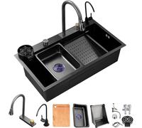 Kitche SIK Nero-Grigio Cascata in Acciaio Inox Kitche SIK Sigle Bowl Bar SIK Workstatio W/Multiple Accessories, Black-Gray, 80x45x21cm