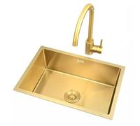 Kitchen Drop in Single Bowl Stainless Steel Bar with Golden Big Curved Faucet Topmount Multifunctional Home (Color : Gold, Size 78 * 43 21cm)