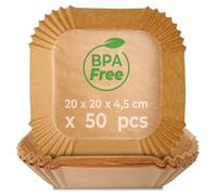 KITCHEN GURU, Carta da forno Air Fryer, 50 stampi quadrati, per friggitrice senza olio, 5-11L, dimensioni 20 x 20 x 4,5 cm, antiaderente, resistente al calore, BPA Free, qualità alimentare